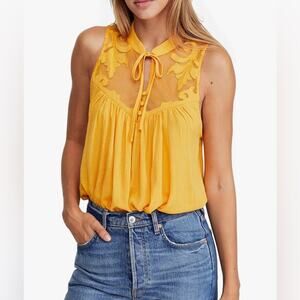 Free People Womens Western Romance Crosshatch Mesh Tank Top Yellow Feminine M